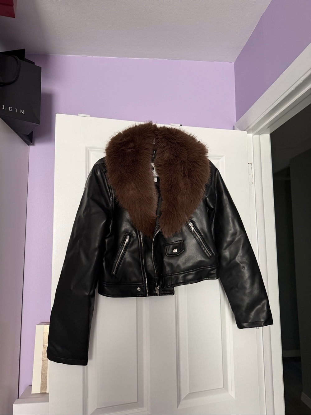 Windsor Black Leather Jacket with Brown Fur Collar